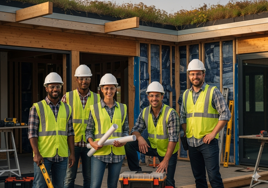The HōmLab team of construction professionals in safety gear standing at a sustainable building project site