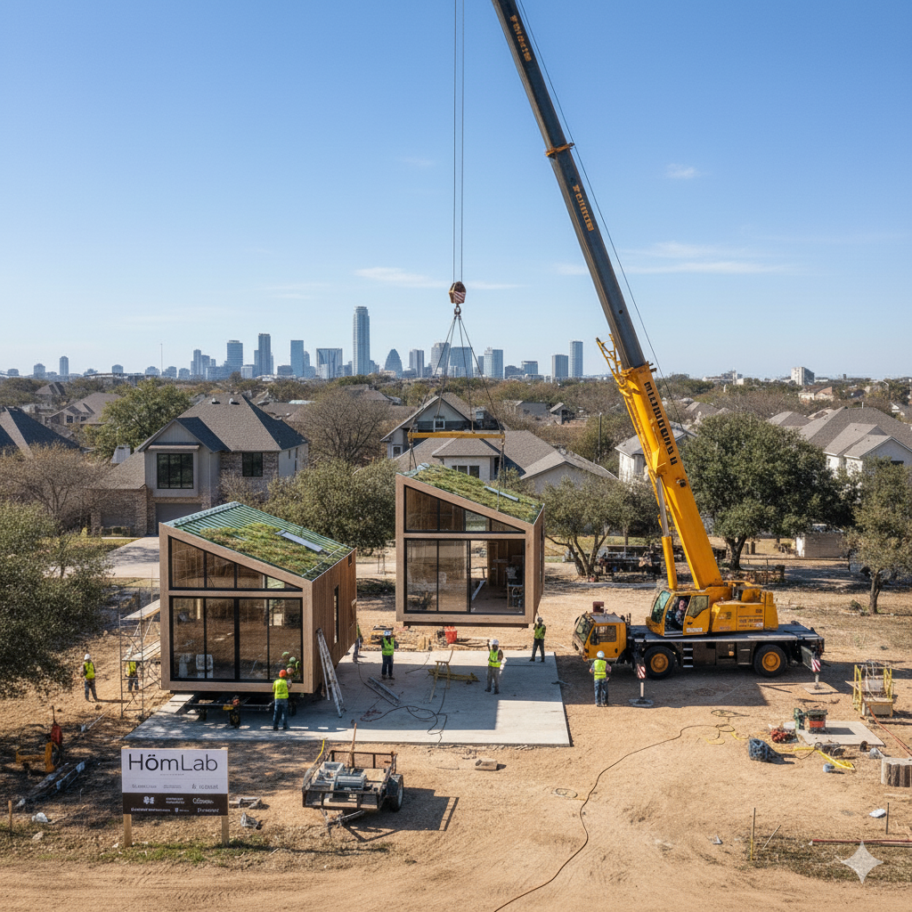Crane lifting prefabricated modular home section for onsite assembly and installation