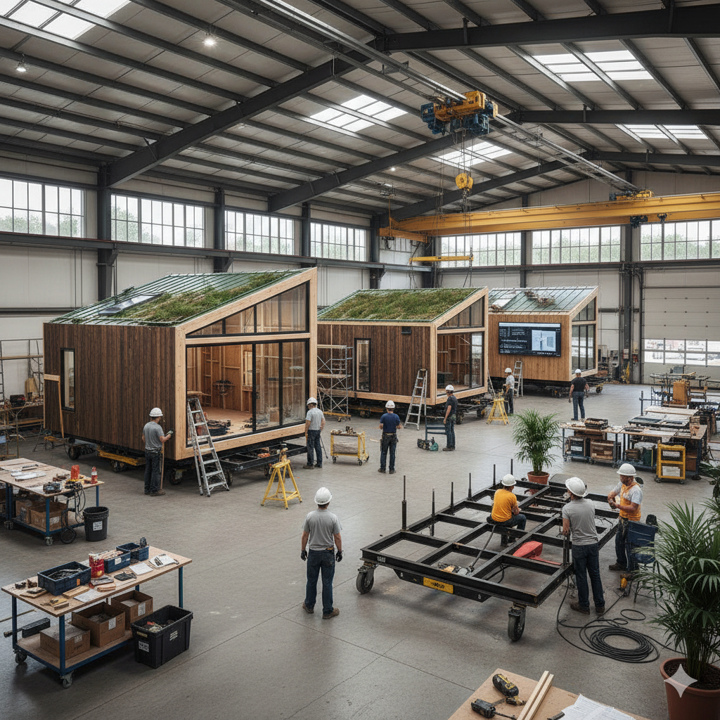Modern modular home construction in factory showing precision assembly and sustainable building practices