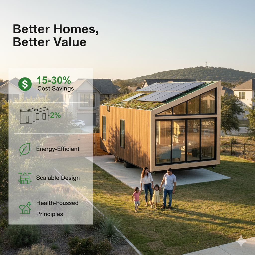 Beautiful completed modular home with large windows surrounded by natural landscape showcasing sustainable design