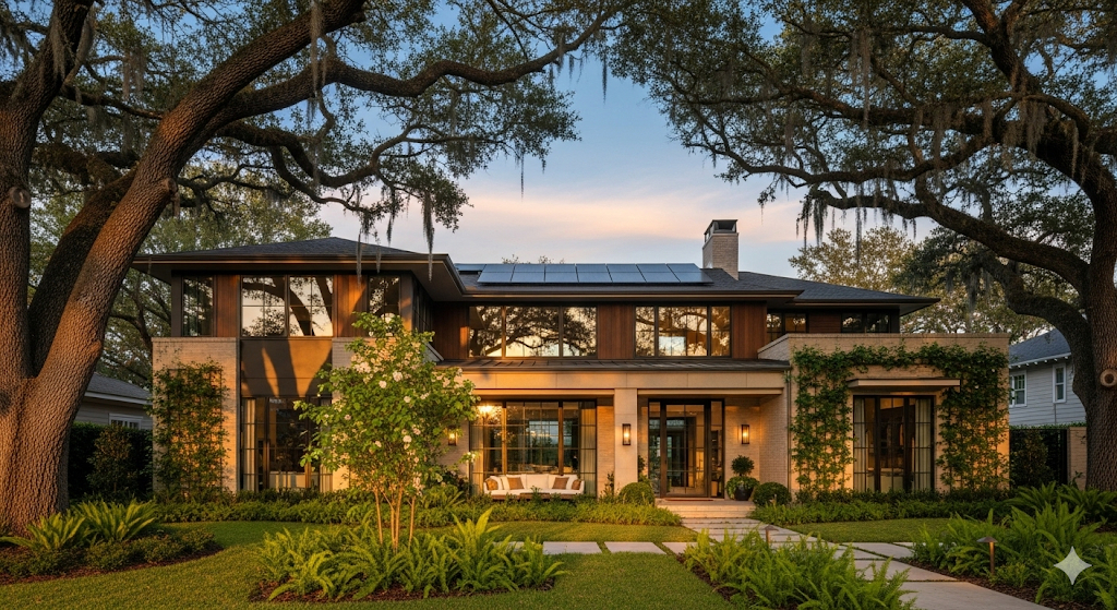 Modern sustainable home with natural materials, large windows, and solar panels surrounded by lush landscaping